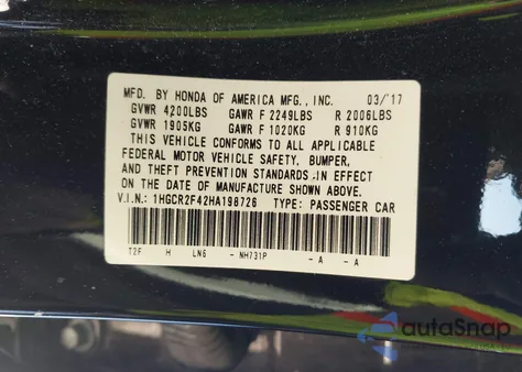 2017 Honda Accord Lx from USA, damaged, VIN 1HGCR2F42HA198726